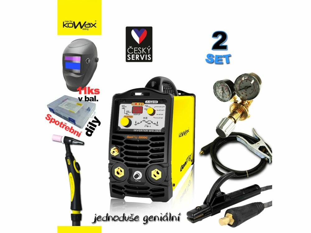 Svářecí invertor KOWAX® GeniTig 200DC, PULZ, HF + kabely + hořák TIG + ventil + láhev ARGON plná